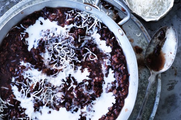 Helen Goh's baked black rice pudding with palm sugar, pandan and coconut.