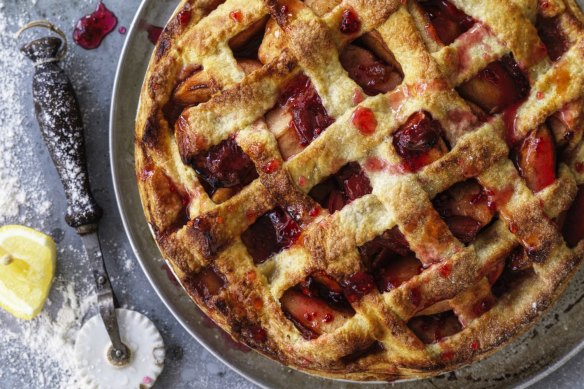 Apple and rhubarb lattice-topped pie.