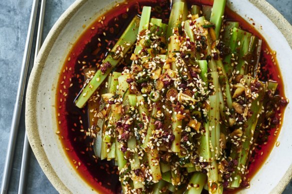 Broccoli stem salad with Sichuan dressing.