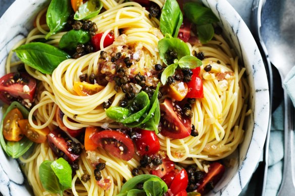 Adam Liaw's summer tomato and caper pasta recipe.