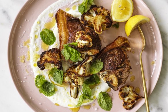 Lamb loin chops with deep-fried or roasted cauliflower, and garlic and lemon yoghurt.