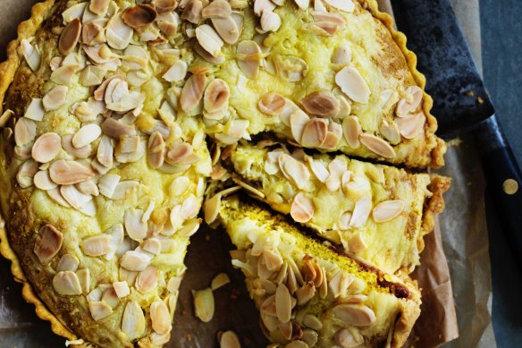 This cheddar and onion almond tart combines elements of a classic ploughman's platter.