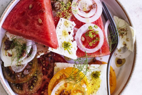 Tomato, watermelon and feta salad with wild fennel flowers.