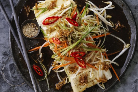 Kylie Kwong's refreshing silken tofu with vegetables, chilli and ginger.