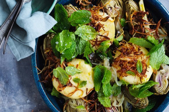 Rodney Dunn's cheese dumpling with braised artichoke.