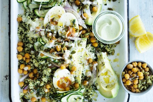 Herby cous cous with creamy avocado tahini.