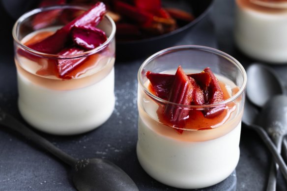 Neil Perry's vanilla panna cotta with champagne jelly and rhubarb.