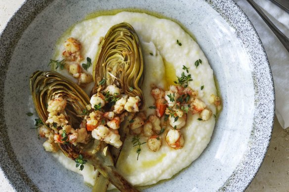 Globe artichokes with minced prawn on soft and cheesy white polenta.