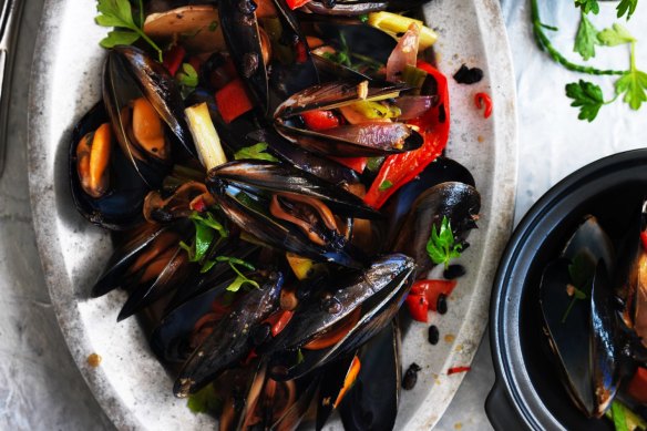 Kylie Kwong's stir-fried mussels with black beans, chilli and native herbs.