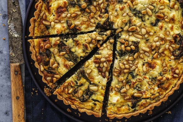 Spring quiche: Spinach tart with pine nuts, herbs and three cheeses.