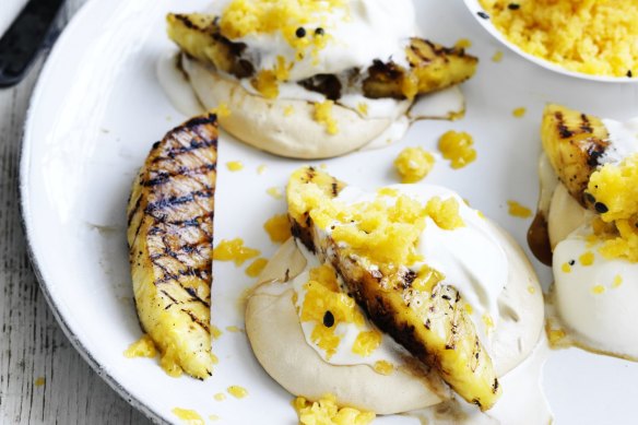 Tropical pavlova with barbecued pineapple.