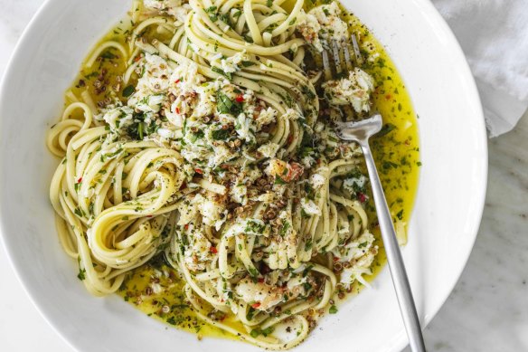 Perfect summer pasta: Linguine with spanner crab and coriander seeds.