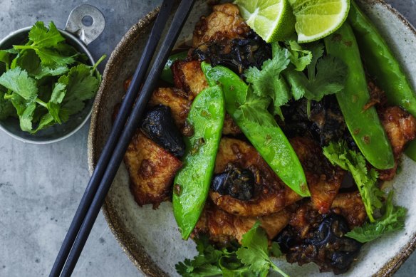 Thai-style pork and snow pea stir-fry.