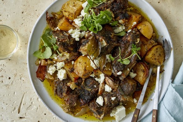 Serve this rustic lamb roast with feta, salad and bread.