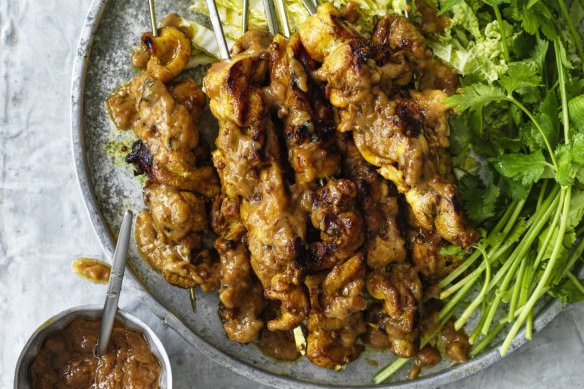 Chicken satay skewers.