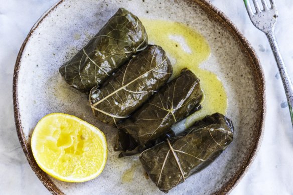 Vine leaves stuffed with spiced rice.
