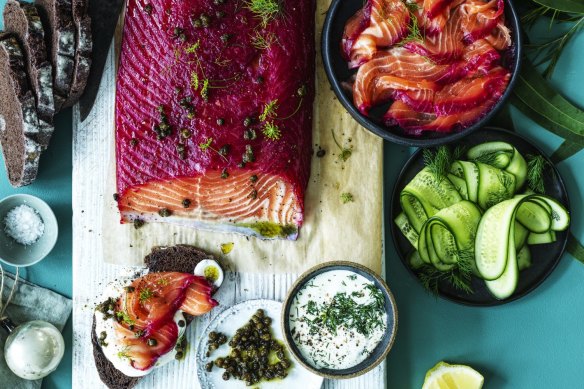 Beetroot cured salmon served with horseradish cream, rye bread and cucumber ribbons.