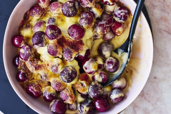 Grilled cherries with zabaglione.