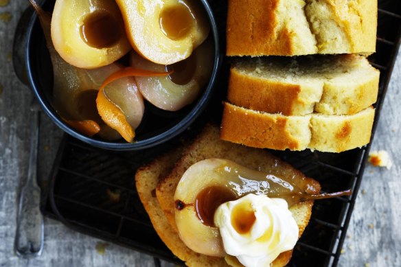 Olive oil and Sauternes cake with maple roasted pears.