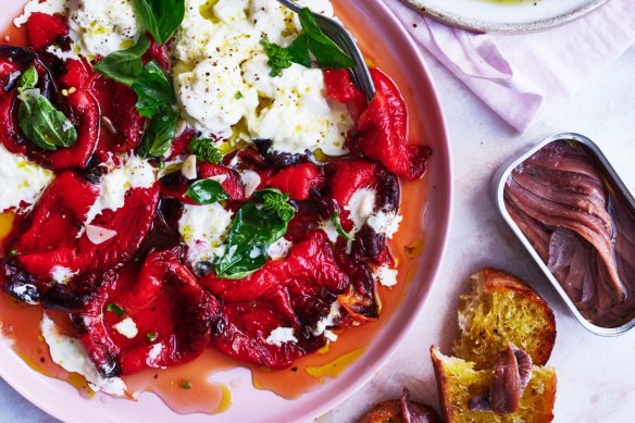 Roasted capsicums served with creamy stracciatella cheese, grilled bread and anchovies.