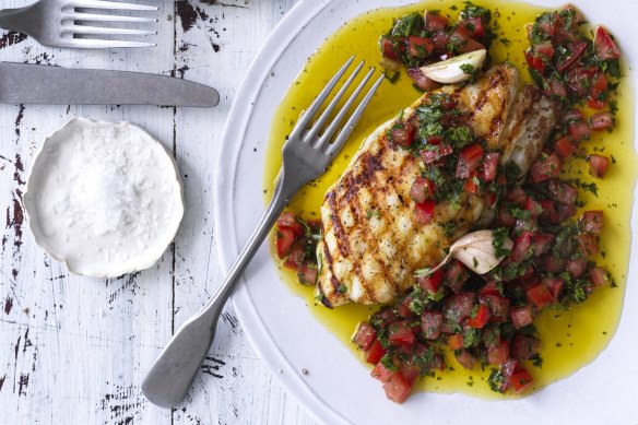 Summer sunshine on a plate: Barbecued fish with sauce vierge.
