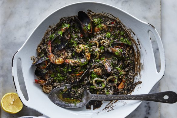 Squid-ink seafood paella.