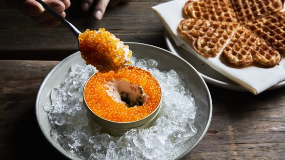Waffles with trout roe and smoked sour cream..