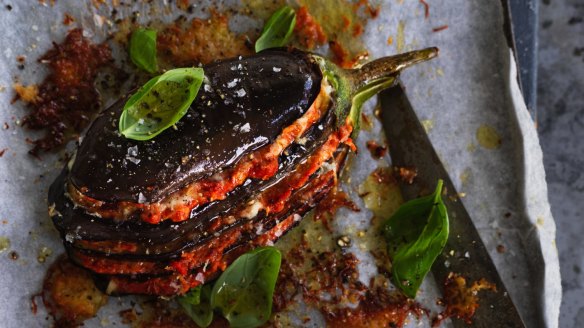 Baked eggplant layered with haloumi and  muhammara.