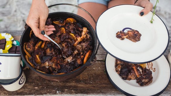 Campfire chocolate orange hot cross bun bread and butter pudding.