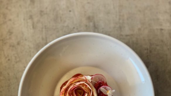 Breaded camembert, raspberry, radish and nectarine.