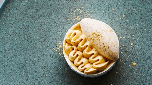 Spiced pumpkin creme diplomat, shiitake ice-cream and meringue.