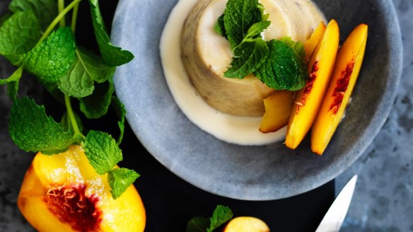 Adam Liaw's simple-set peach pudding.