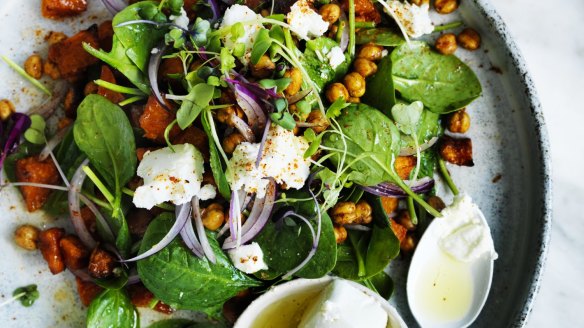 Adam Liaw's pumpkin, spinach and roasted chickpea salad. 