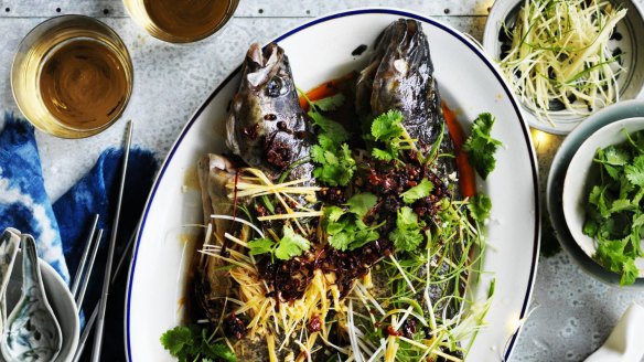 Steamed Murray Cod with red chilli oil <a href="http://www.goodfood.com.au/good-food/cook/recipe/steamed-murray-cod-with-red-chilli-oil-20160202-49w21.html"><b>(recipe here)</b></a>.