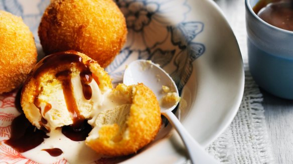 Fried ice-cream with caramel sauce.