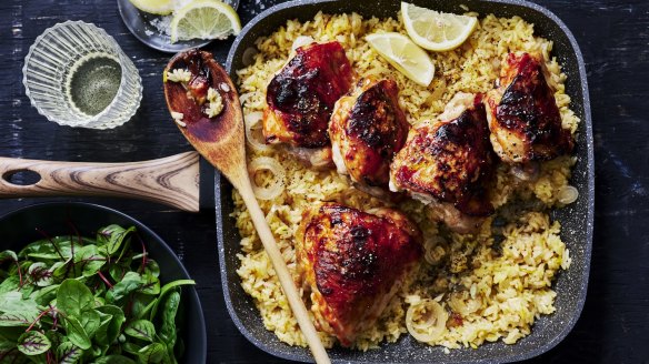 Sticky chicken with saffron baked rice.