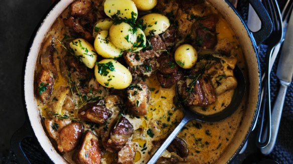 Cider braised pork belly stew cooked in a cast iron pot.