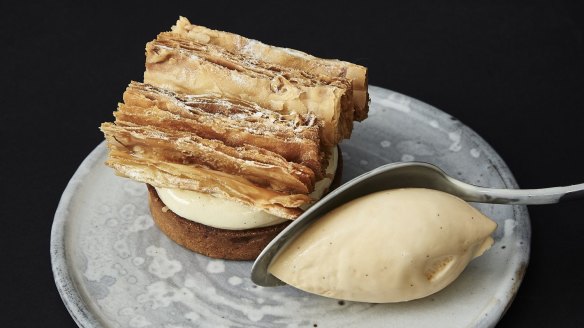 The vanilla slice at Yugen Tea Bar in South Yarra features salted caramel underneath vanilla cream and a crown of puff pastry.