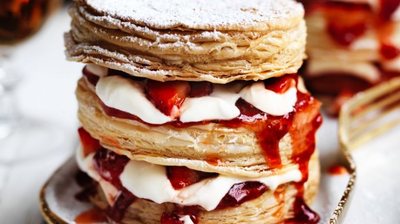 Adam Liaw's strawberries and cream millefeuille made with frozen puff pastry.