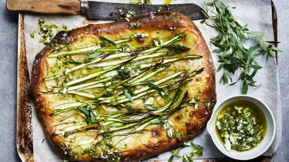 Potato and asparagus pizza with sauce gribiche.  