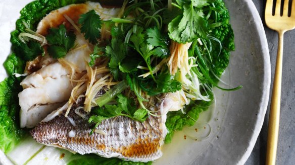 Kylie Kwong's aromatic steamed snapper fillets with ginger, spring onions and coriander.