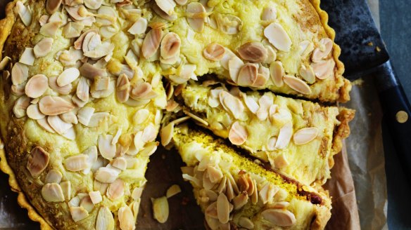 This cheddar and onion almond tart combines elements of a classic ploughman's platter.