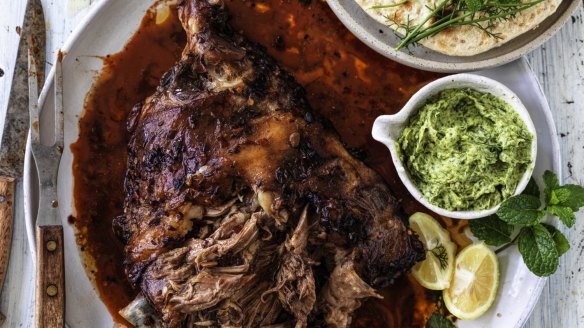 Whole roast lamb shoulder with Sichuan sauce.