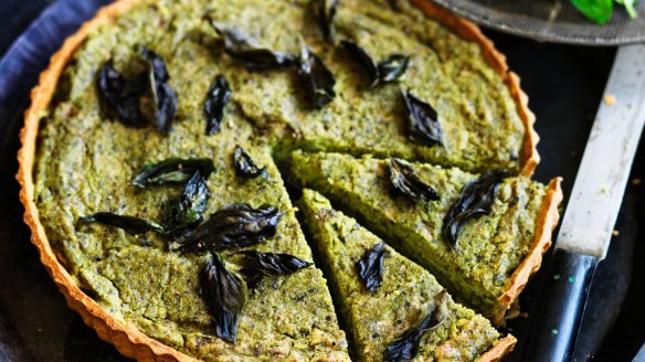 Dan Lepard's vegan pea, basil and eggplant tart.