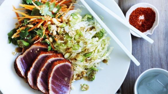 Shichimi togarashi-rubbed seared tuna salad with sesame dressing.