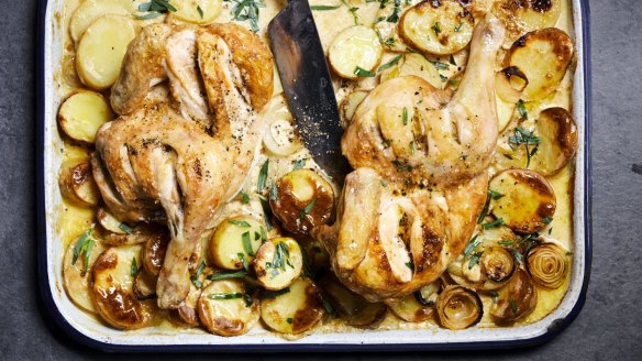 One tray creamy potato, mustard and tarragon roast chicken. 