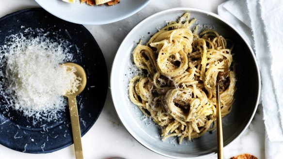 Starchy pasta water helps sauces, such as cacio e pepe, cling to the pasta (