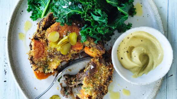 Winter fritters: Oxtail cakes with pickles, kale and mustard.