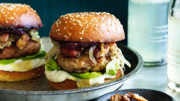 Turducken burgers with bacon and brown bread stuffing.