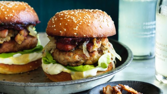 Frankenfood: Turducken burger with bacon and brown bread stuffing.